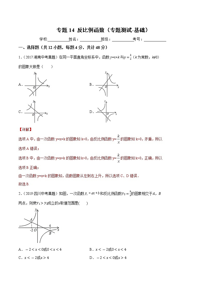 【精品试卷】中考数学一轮复习 专题测试-14 反比例函数（基础）（教师版）01