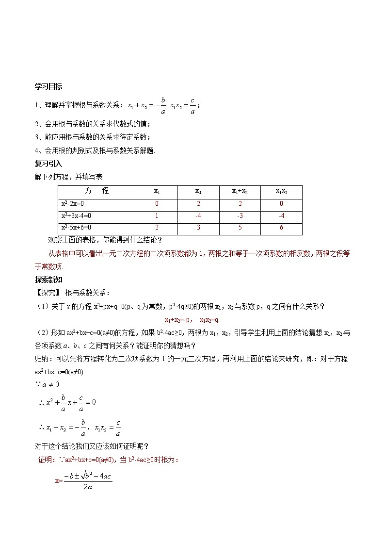 【精品导学案】人教版 九年级上册数学21.2.4解一元二次方程  一元二次方程的根与系数的关系导学案（含答案）01