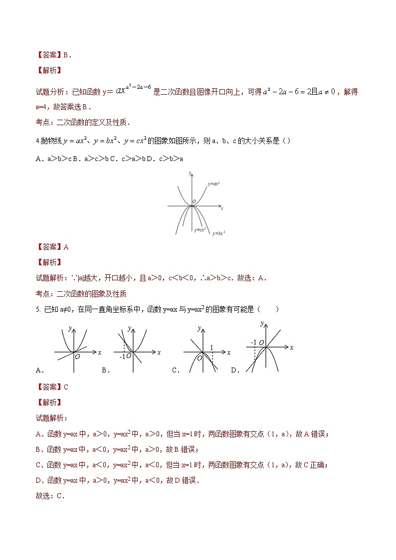【精品测试卷】人教版 九年级上册数学 22.1.2二次函数y＝ax2的图象和性质测试卷（含解析）02