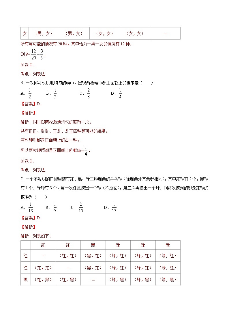 【精品测试卷】人教版 九年级上册数学 25.2.1用列举法求概率（1）测试卷（含解析）03