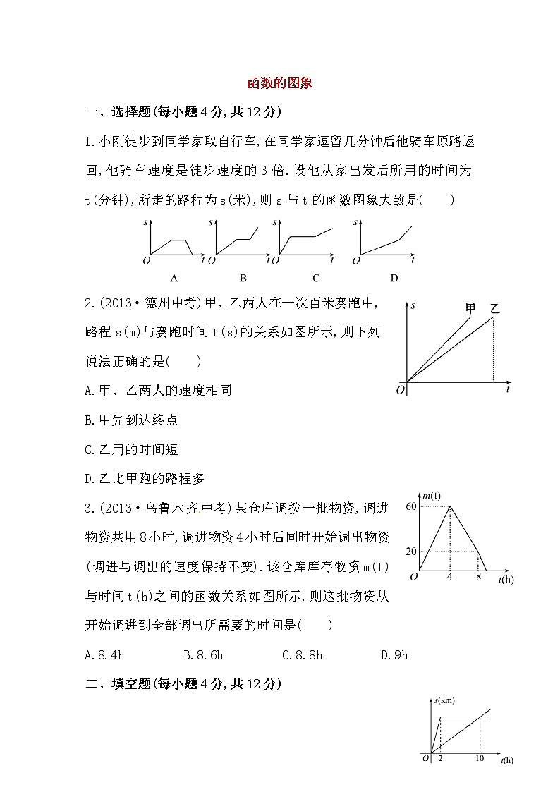 八年级数学下册知识点汇聚测试卷：函数的图象初级测试（含详解）01
