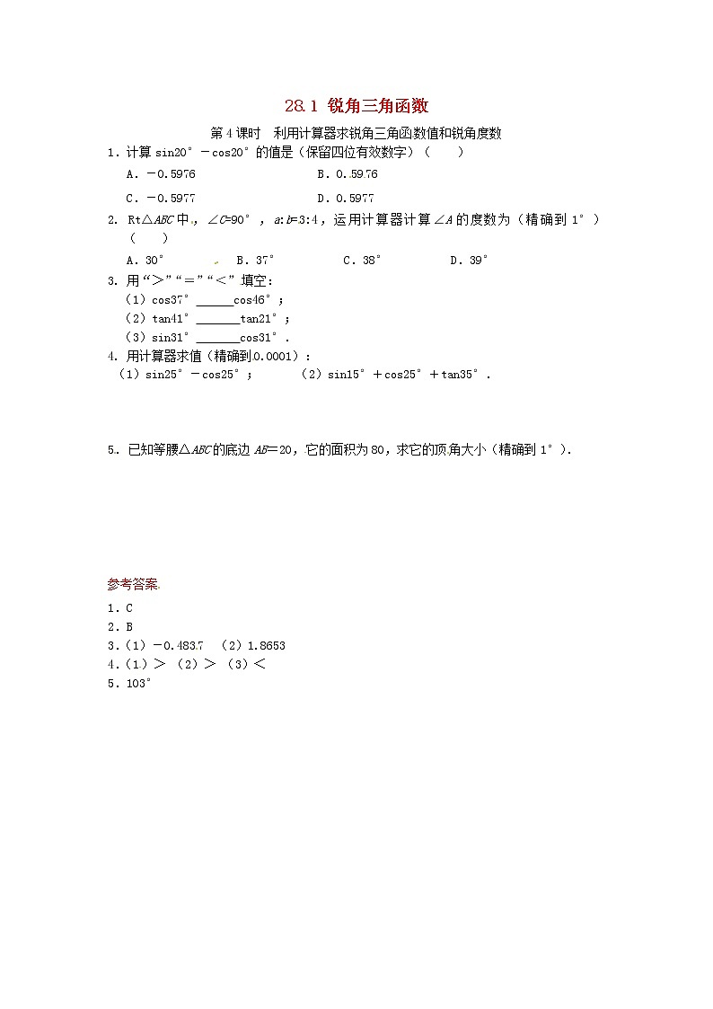 28.1 锐角三角函数同步练习4 新人教版01