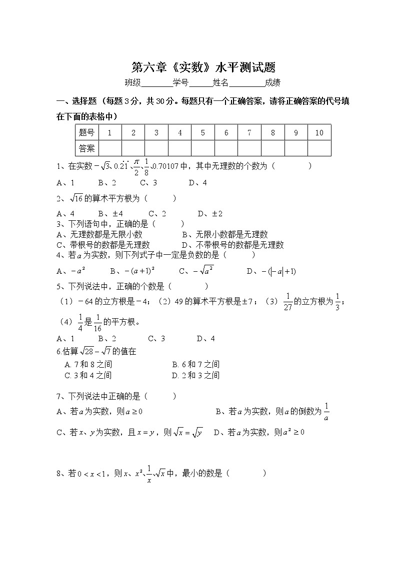 新人教（七下）第6章 实数 综合水平测试题1第1页