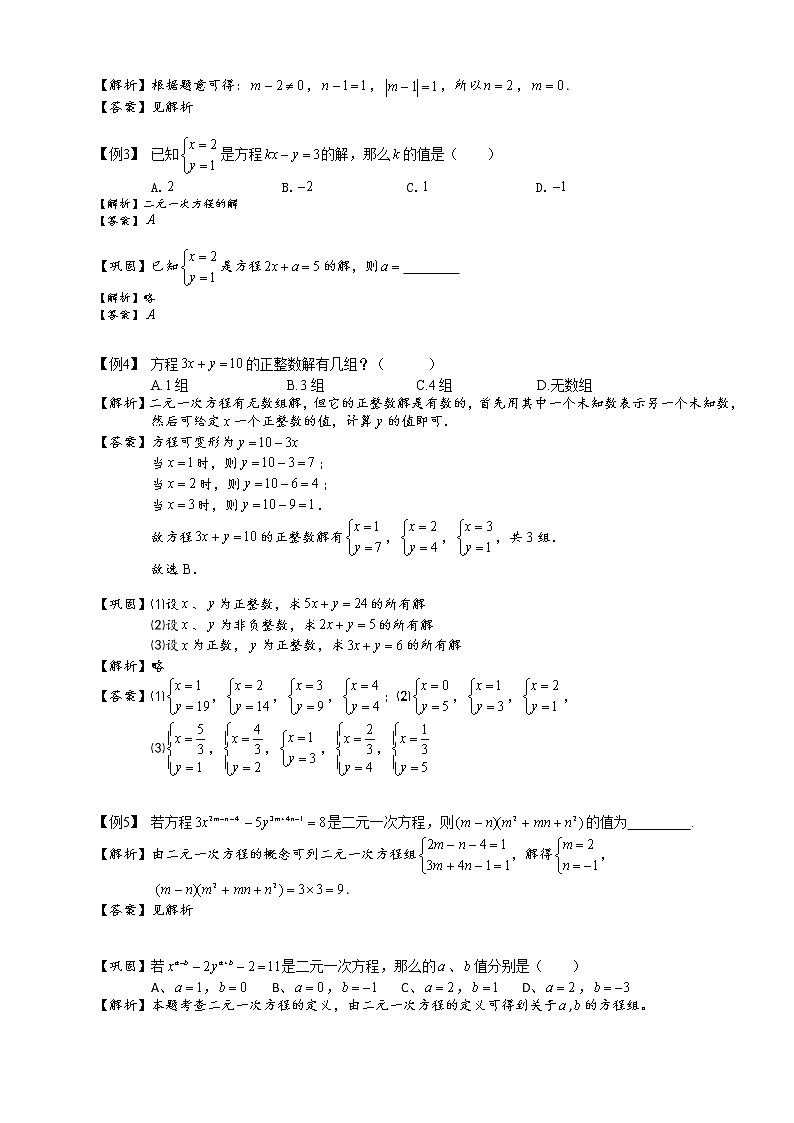 【精品讲义】人教版 七年级下册寒假同步课程（培优版）6二元一次方程组的概念及解法．教师版02