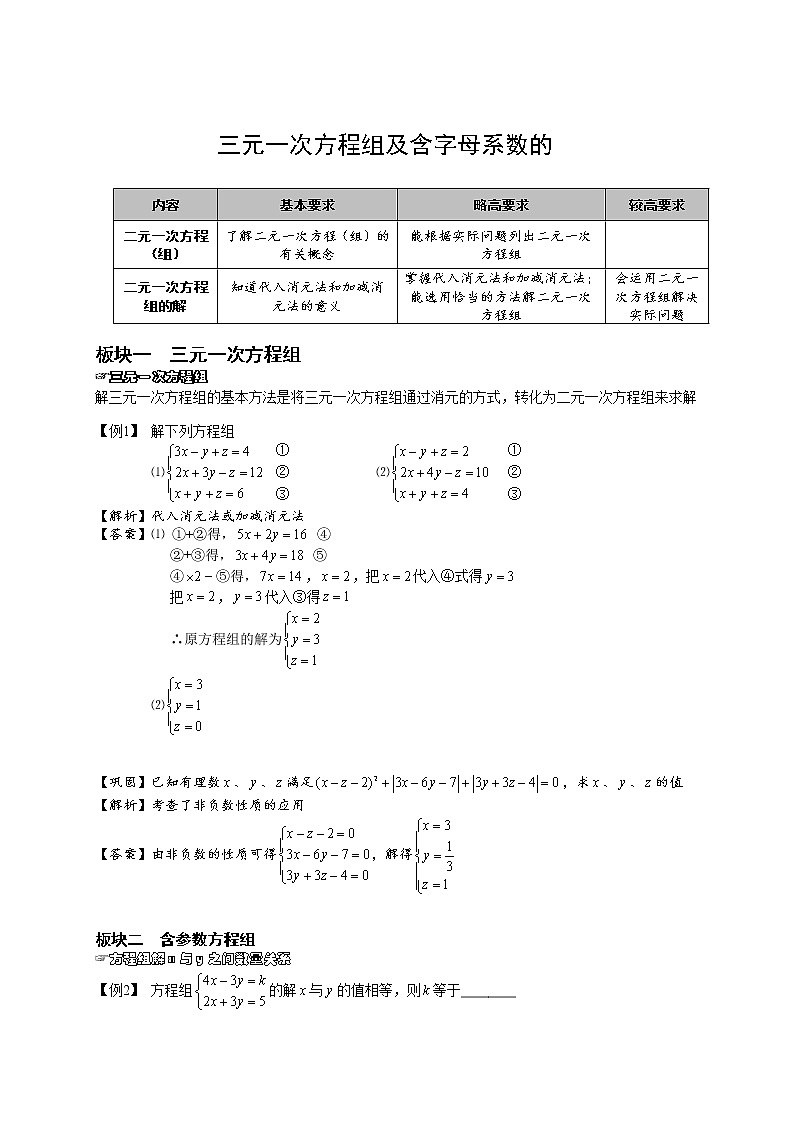 【精品讲义】人教版 七年级下册寒假同步课程（培优版）7三元一次方程组及含字母系数的方程组．教师版01