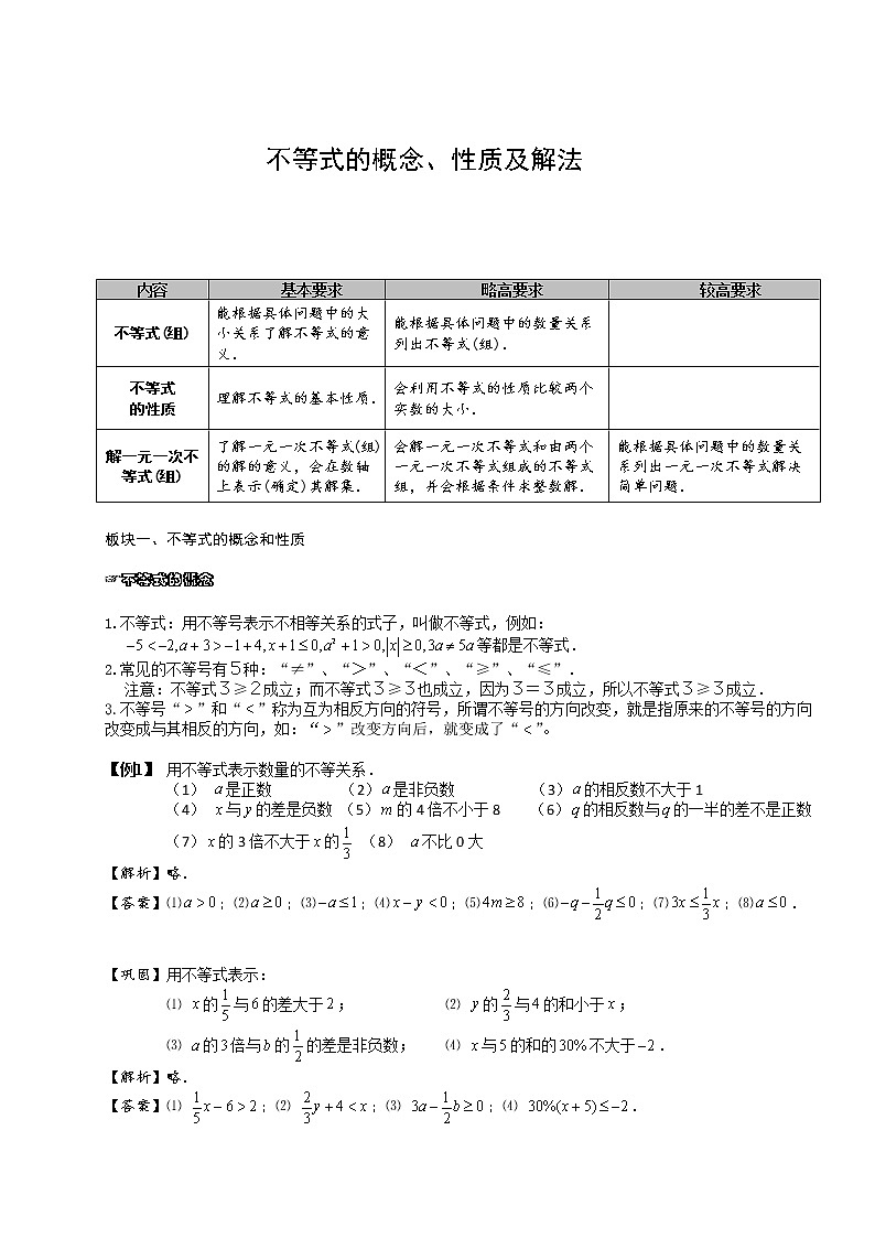 【精品讲义】人教版 七年级下册寒假同步课程（培优版）9不等式的概念、性质及解法．教师版01