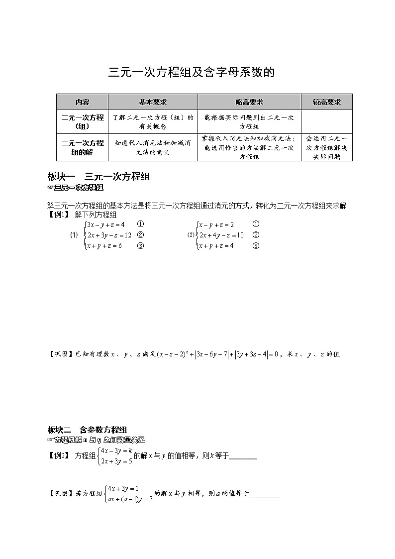 【精品讲义】人教版 七年级下册寒假同步课程（培优版）7三元一次方程组及含字母系数的方程组．学生版01