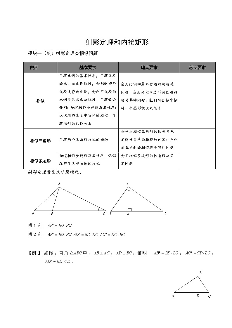 【精品讲义】人教版 九年级下册寒假同步课程（培优版）7射影定理与内接矩形类相似.学生版01