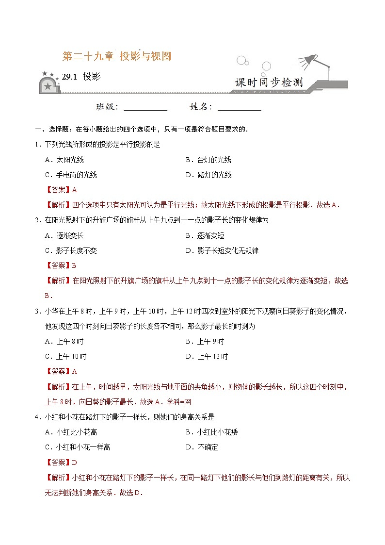【精品同步练习】29.1 投影-九年级数学人教版（下）（解析版）01