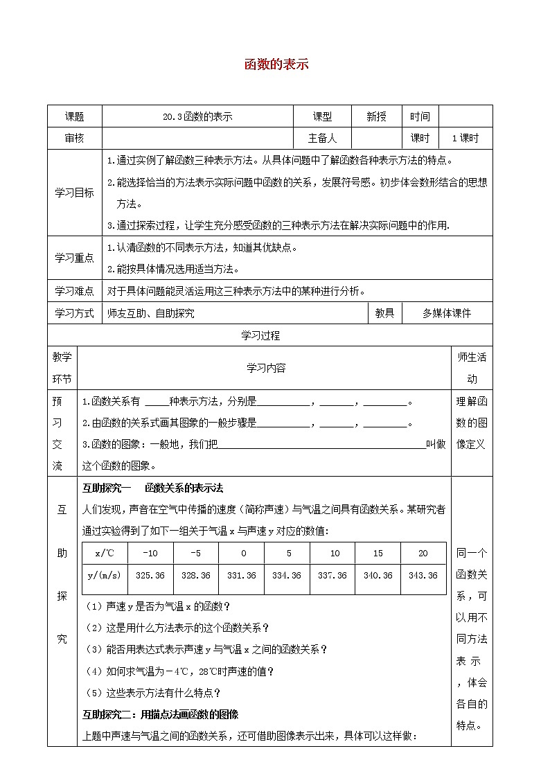 2021春季冀教版八年级下册数学第二十章函数20.3函数的表示教案01