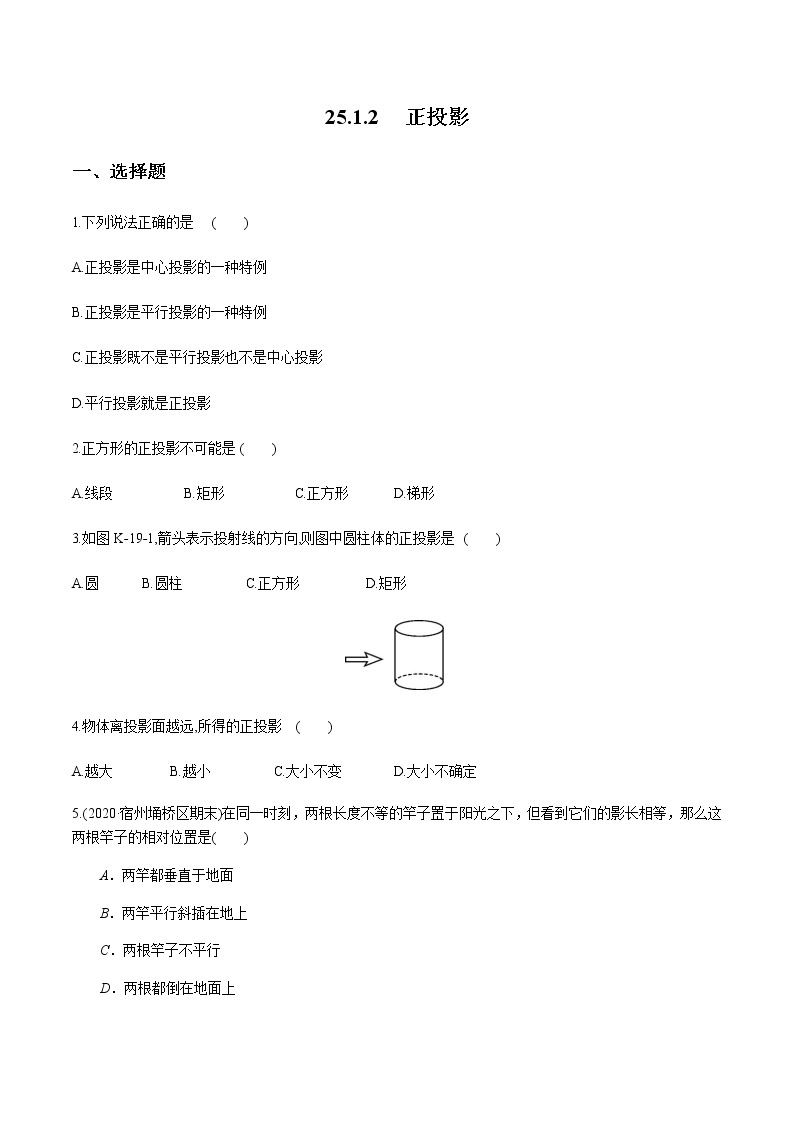 2020-2021学年九年级数学下册同步备课沪科版 25.1.2 正投影（作业） 练习01