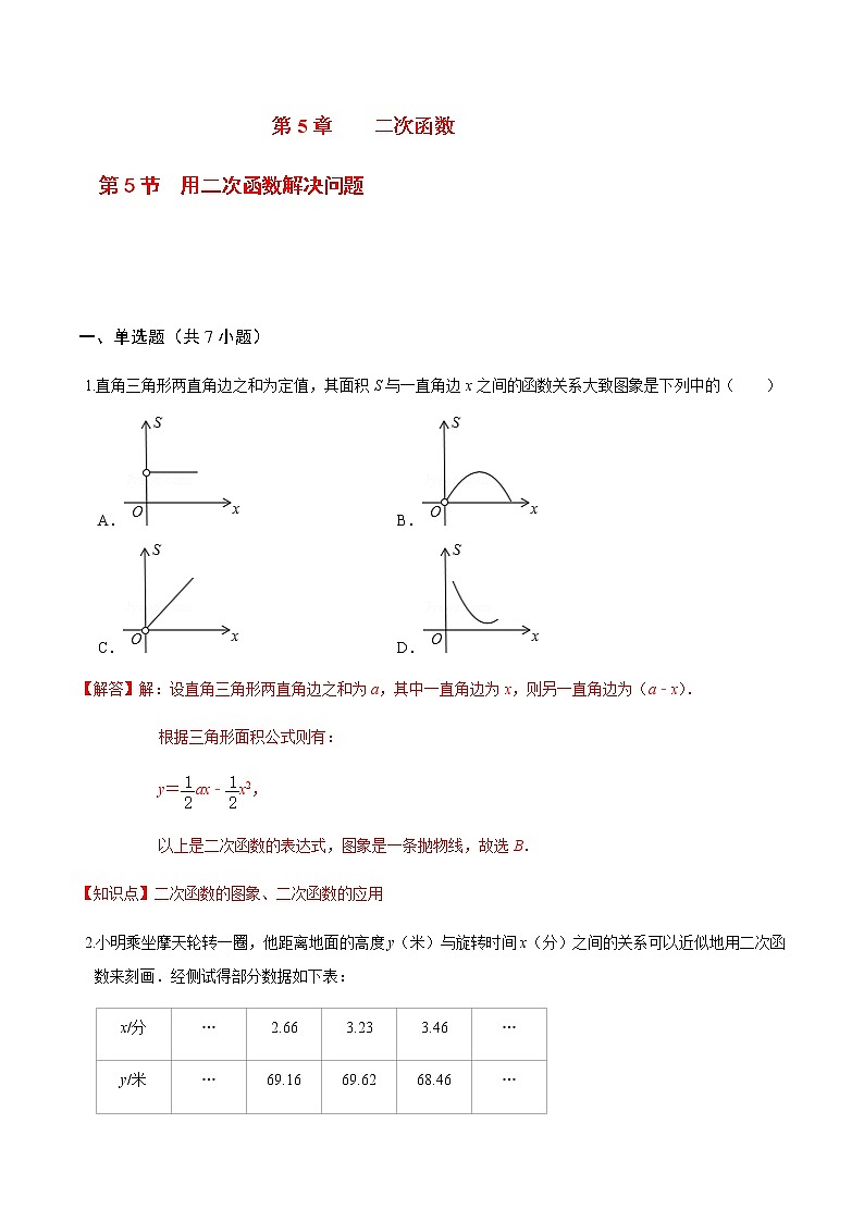 2020-2021学年九年级数学下册苏科版 专题5.5 用二次函数解决问题（备作业）01
