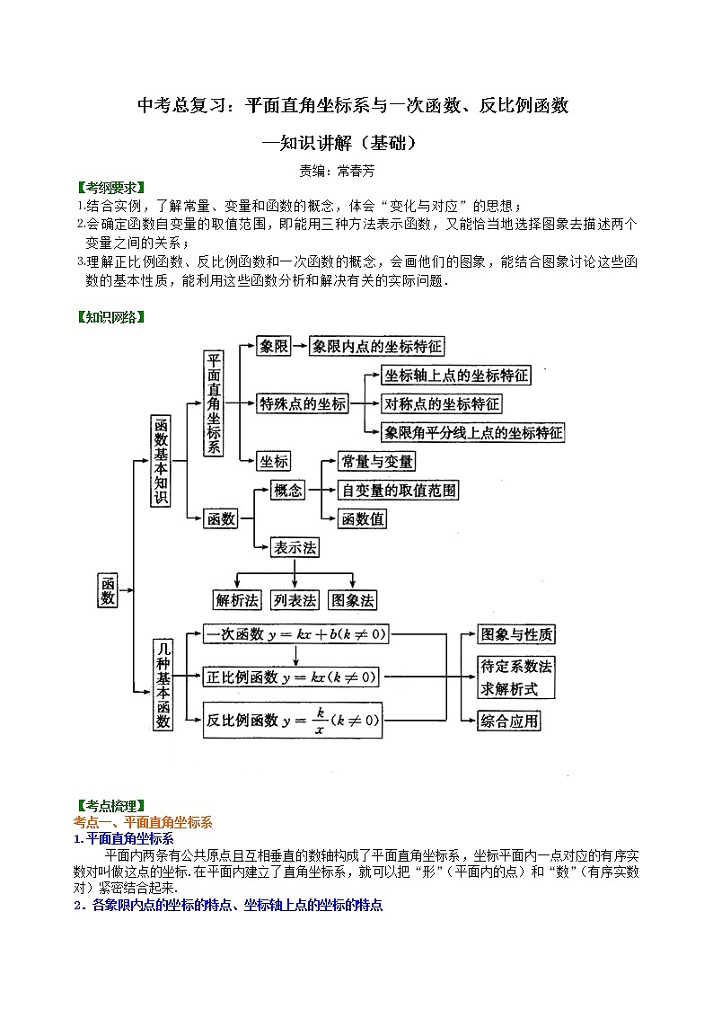 中考总复习：平面直角坐标系与一次函数、反比例函数--知识讲解（基础）01