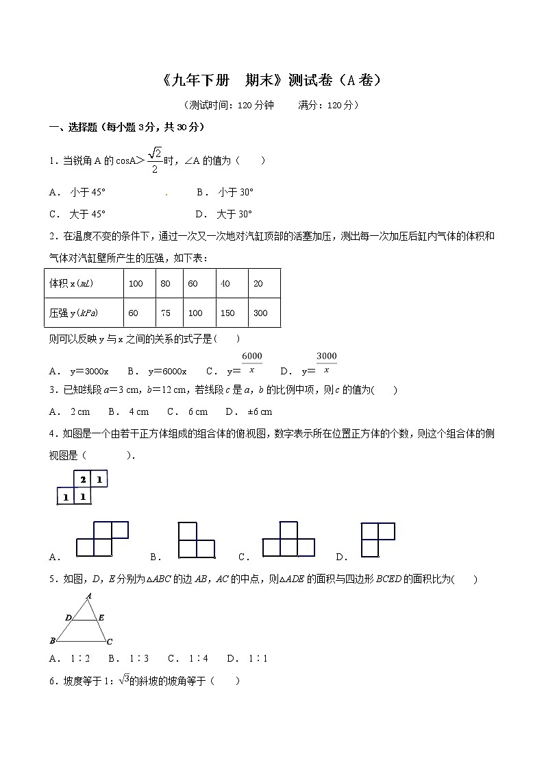 【精品试卷】人教版数学九年级下册第二学期期末测试卷（A卷）（含答案）01