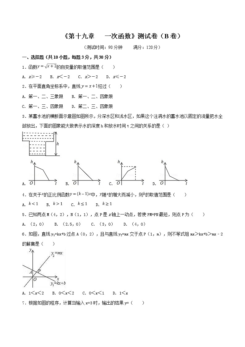 【精品试卷】人教版数学八年级下册单元测试卷第19章 一次函数（B卷）（含答案）01