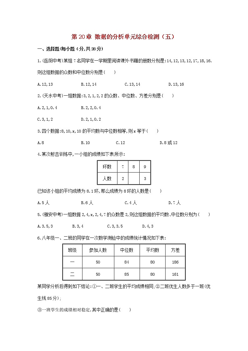 【精品试卷】人教版数学八年级下册单元测试卷第20章 数据的分析单元综合检测（含答案）01