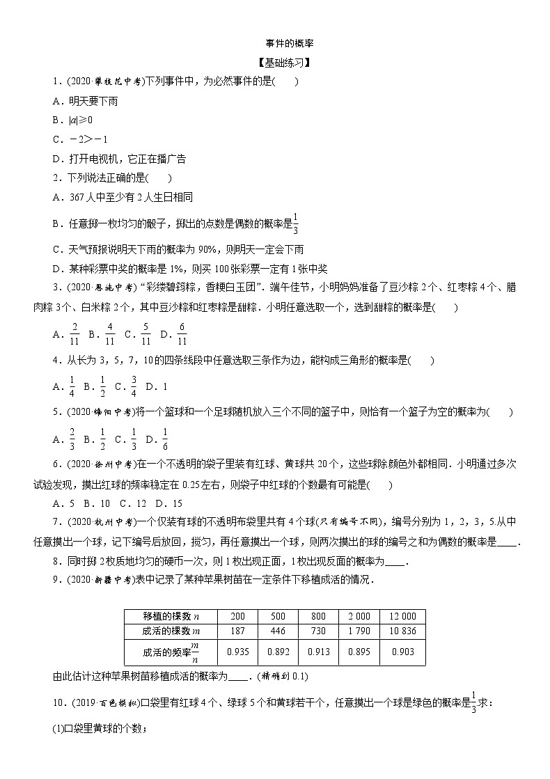 2021年九年级中考数学一轮复习分层训练：   事件的概率01