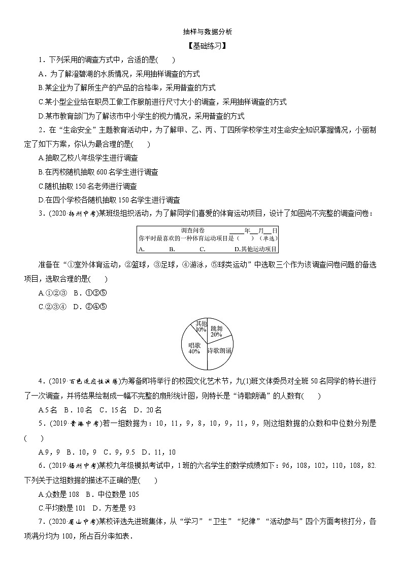 2021年九年级中考数学一轮复习分层训练： 抽样与数据分析01