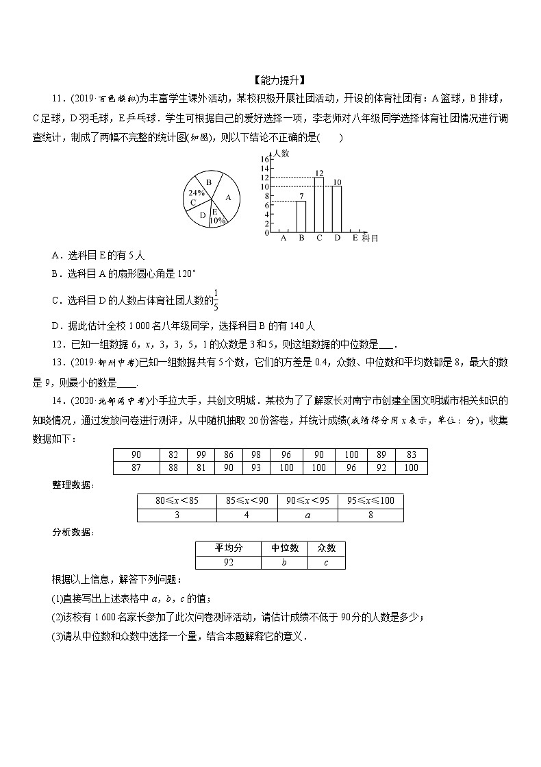 2021年九年级中考数学一轮复习分层训练： 抽样与数据分析03
