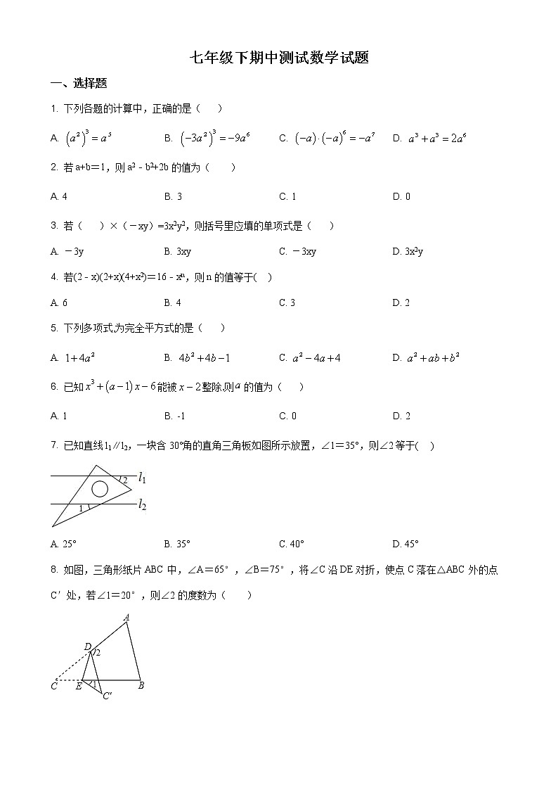 北师大版七年级下册期中试题含解析答案01