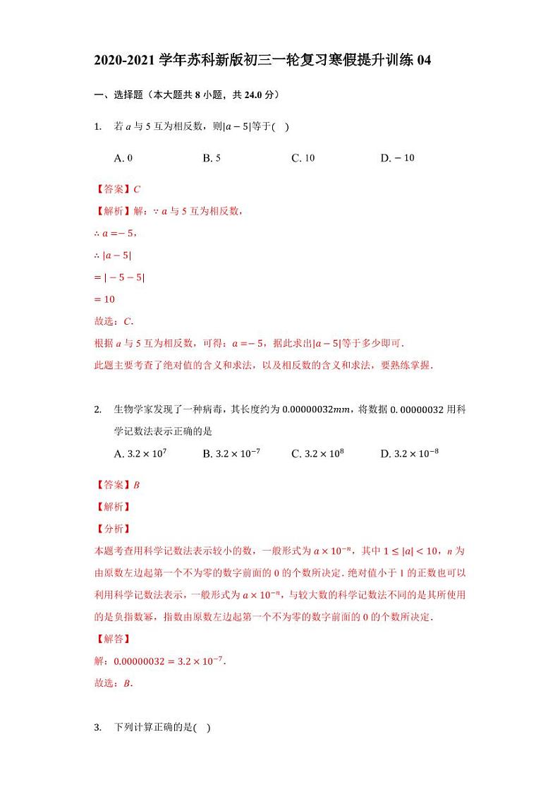 2020-2021初三一轮复习寒假提升训练04（解析版）第1页