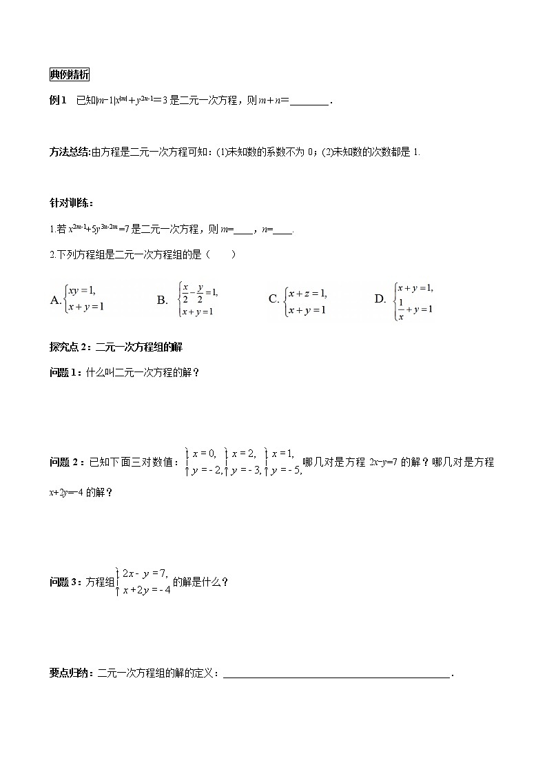 华师大版  数学  七年级(下册) 7.1 二元一次方程组和它的解学案03