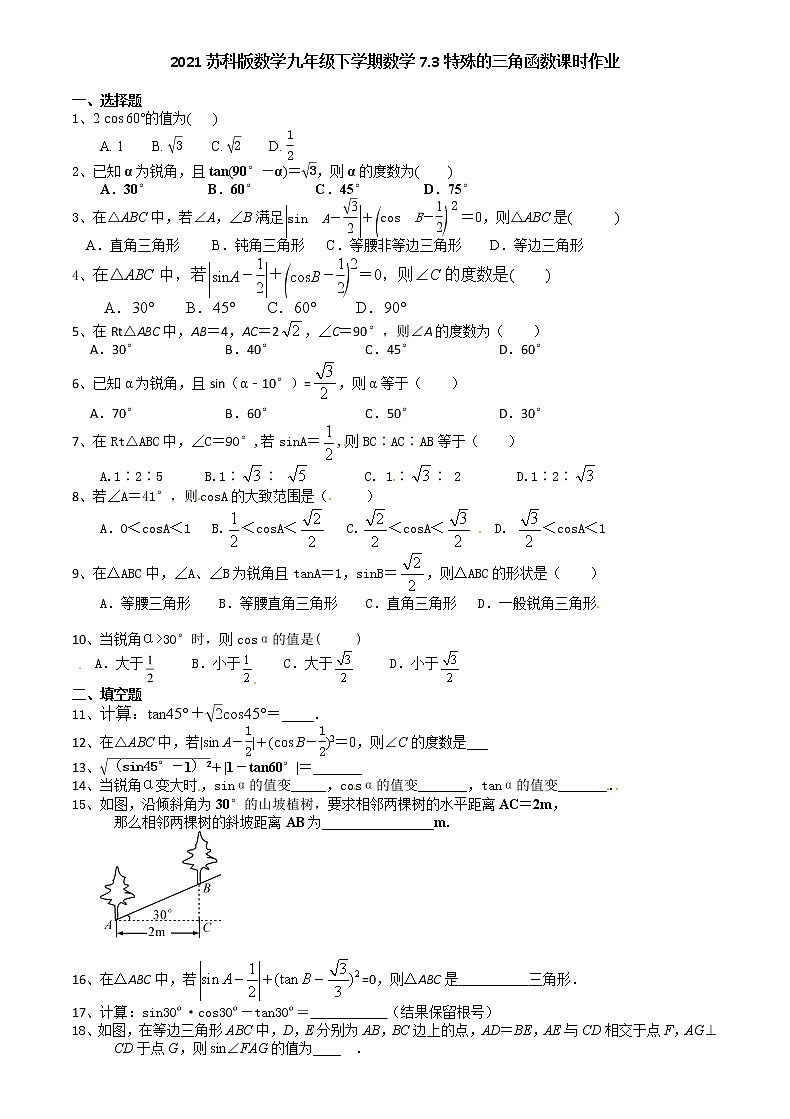2021苏科版数学九年级下学期数学7.3特殊的三角函数课时作业 练习01