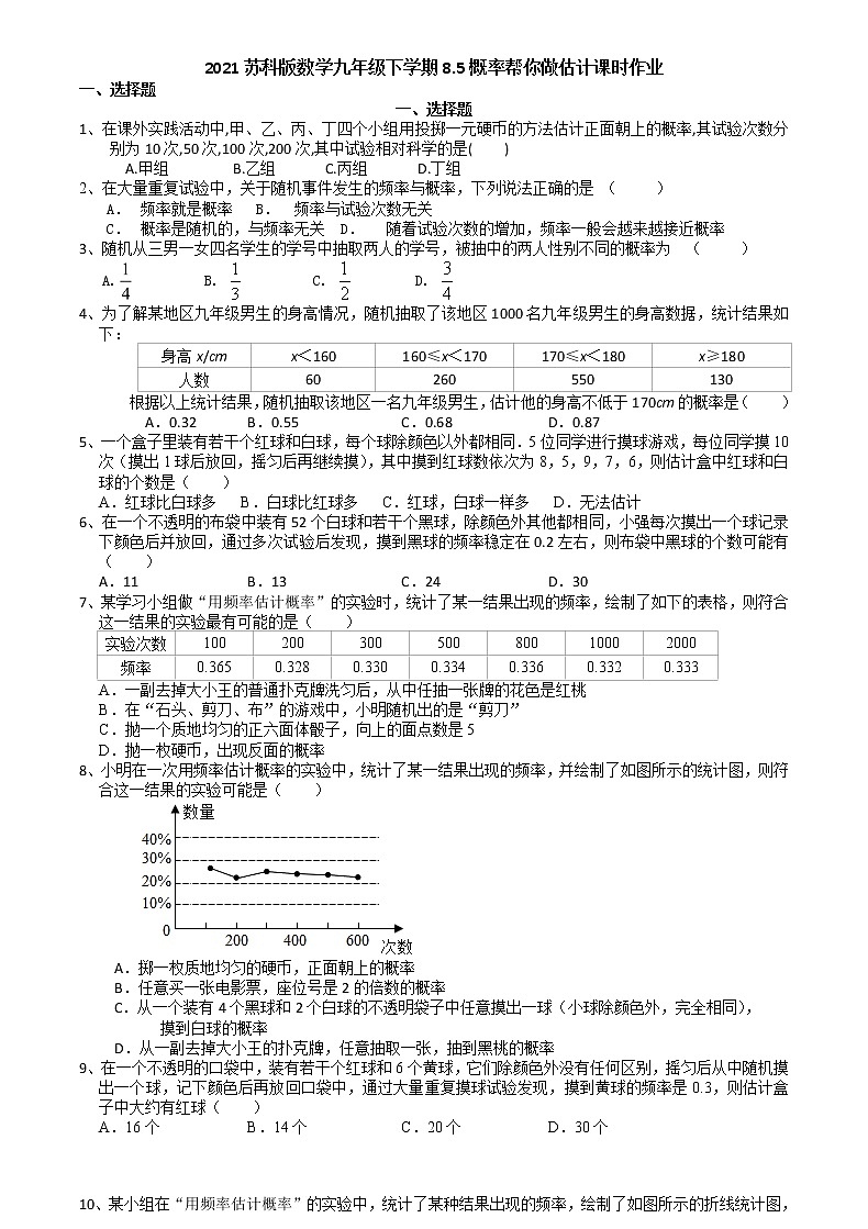2021苏科版数学九年级下学期8.5概率帮你做估计课时作业 练习01