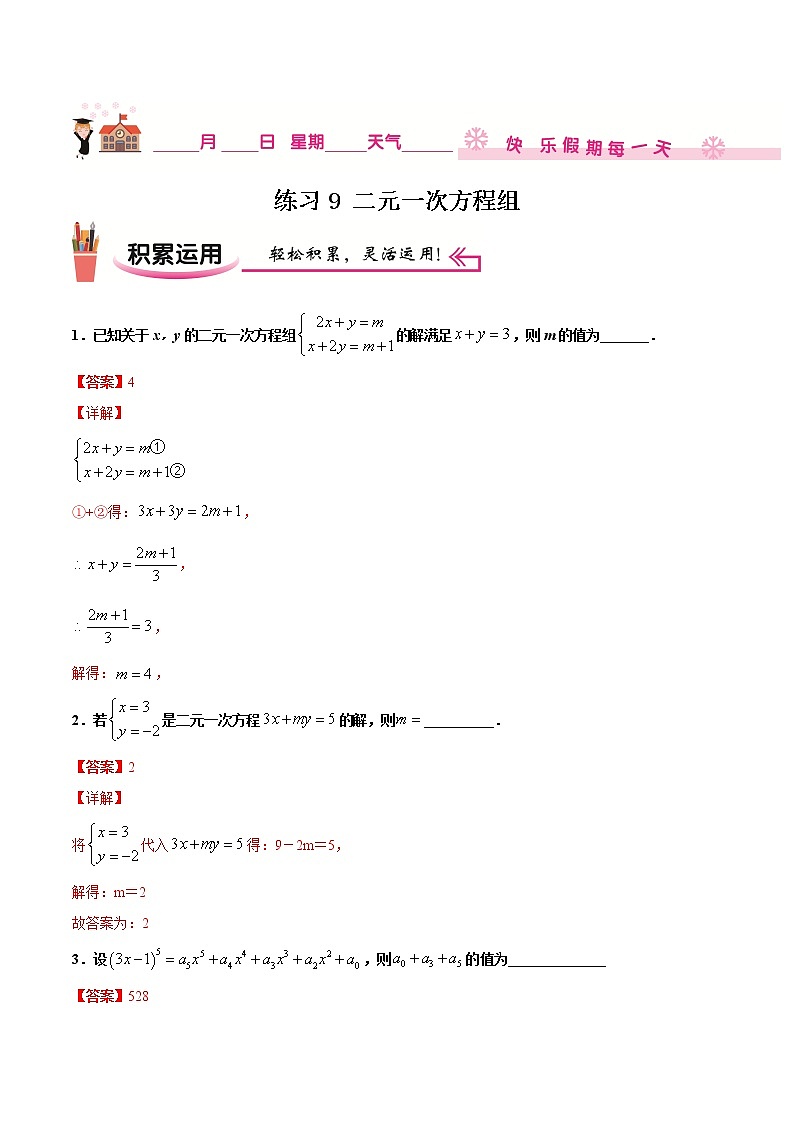 练习9  二元一次方程组北师大版八年级数学2020-2021学年寒假作业01