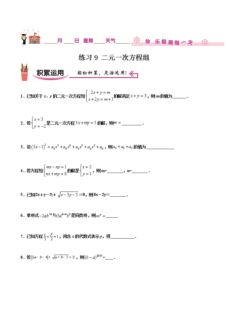 练习9  二元一次方程组北师大版八年级数学2020-2021学年寒假作业01