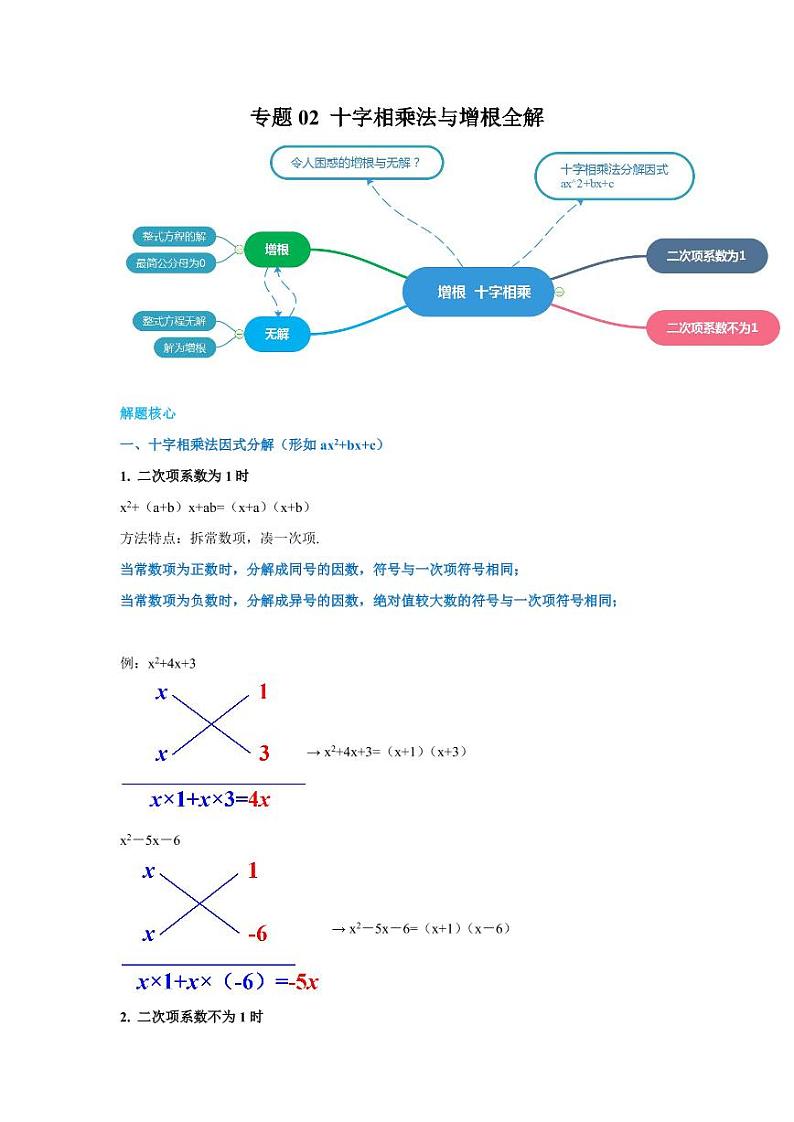 专题02 十字相乘法与增根全解2020-2021学年八年级数学寒假辅导讲义（人教版）01