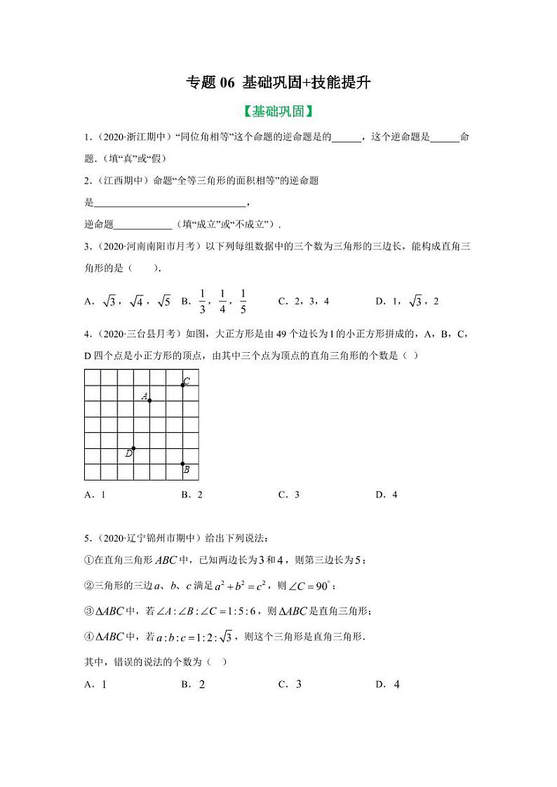 专题06 勾股定理逆定理及其应用基础巩固+技能提升2020-2021学年八年级数学寒假辅导讲义（人教版）01
