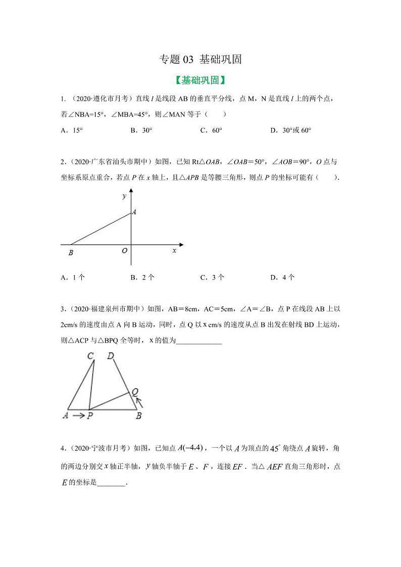 专题03 点击三角形中的分类讨论基础巩固2020-2021学年八年级数学寒假辅导讲义（人教版）01
