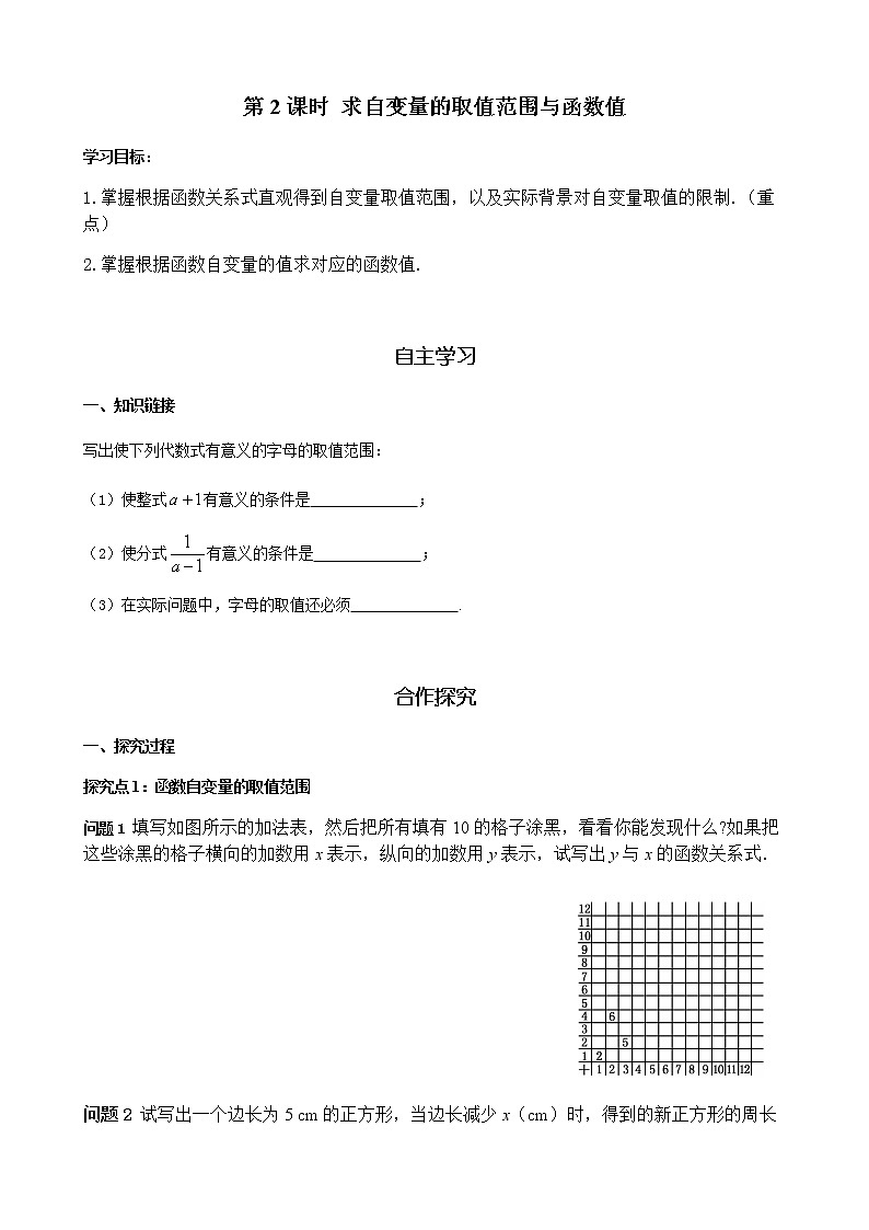 华师大版  数学  八年级(下册) 17.1 第2课时 求自变量的取值范围与函数值学案01