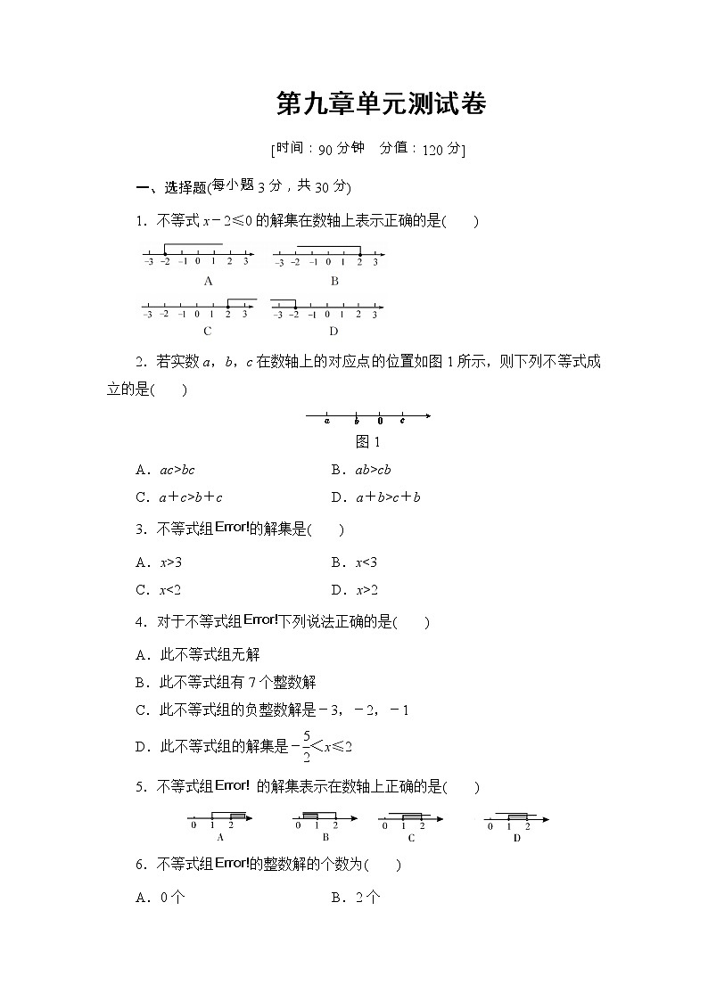 人教版七年级数学下册第九章不等式与不等式组单元测试卷1（含答案）第1页