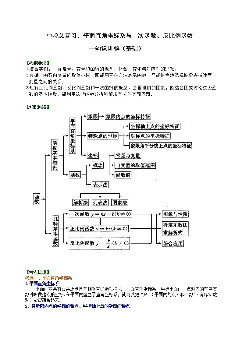 中考总复习：平面直角坐标系与一次函数、反比例函数--知识讲解（基础）第1页
