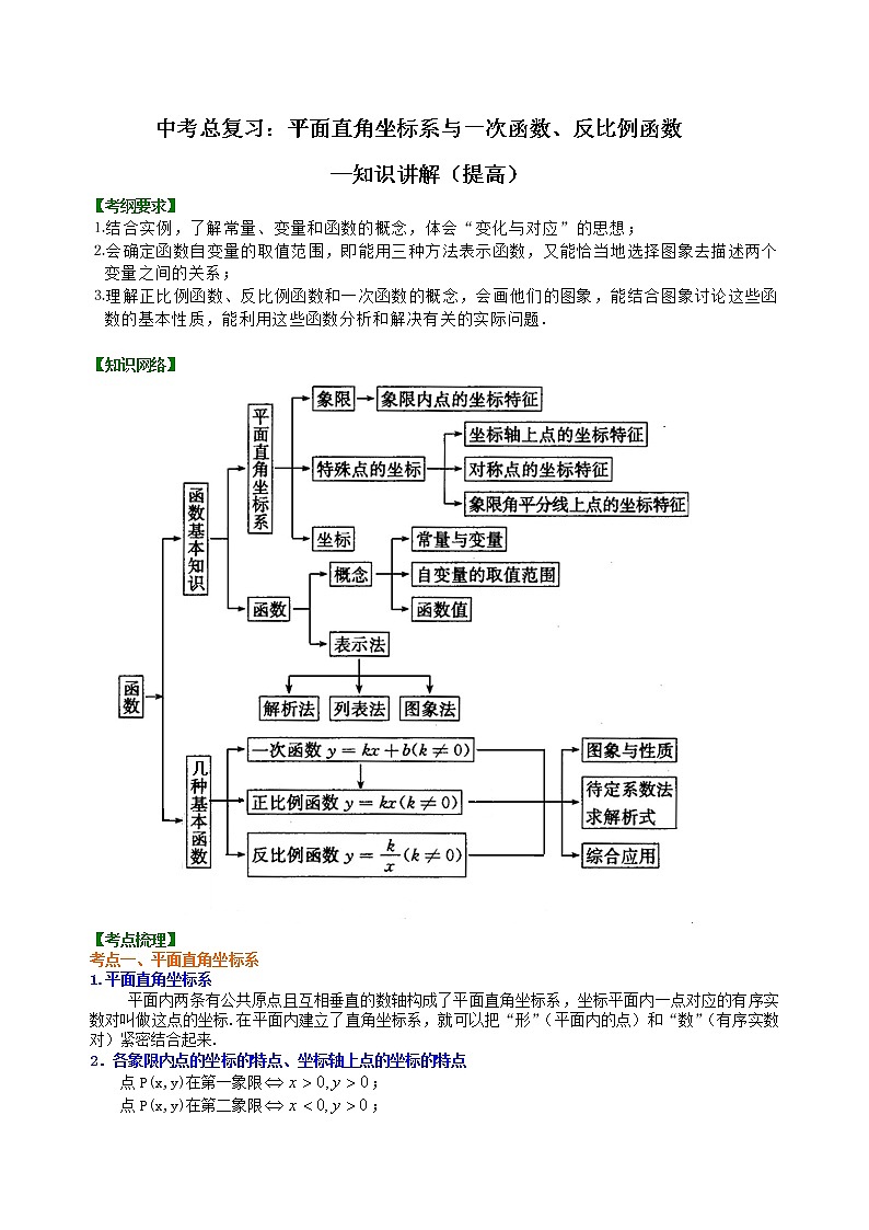 中考总复习：平面直角坐标系与一次函数、反比例函数--知识讲解（提高）第1页