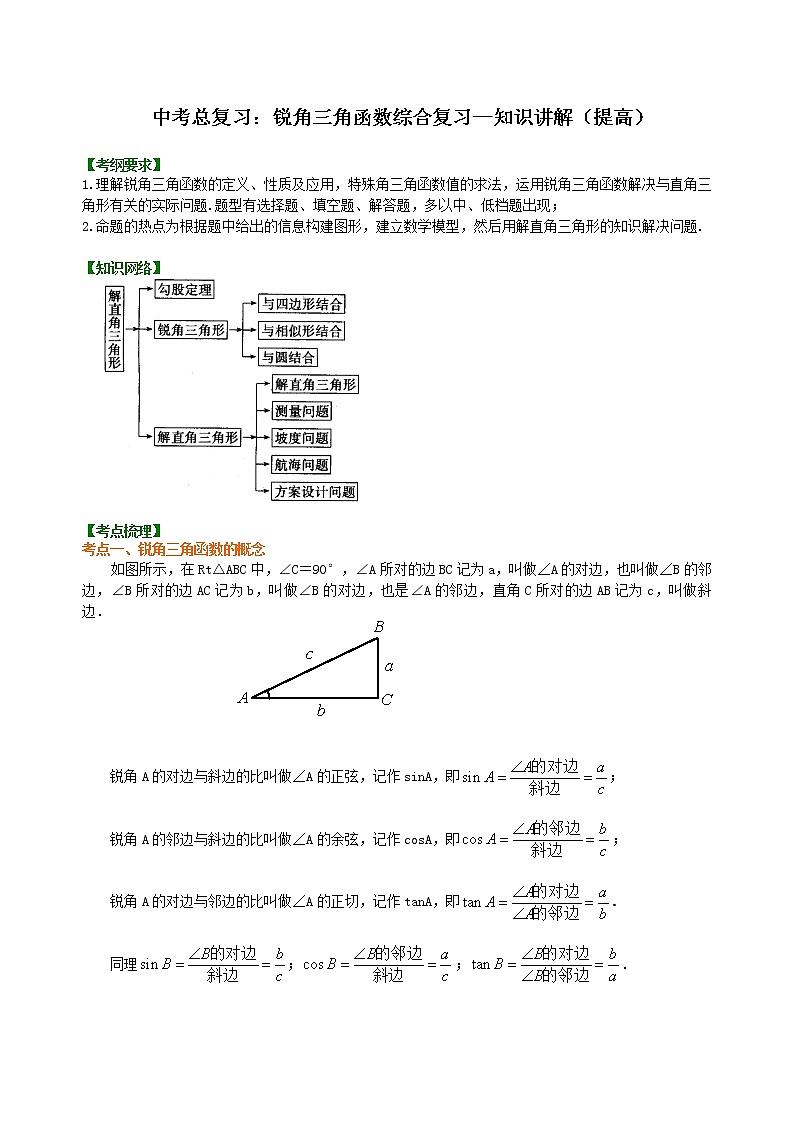 （人教版）数学中考总复习22中考总复习：锐角三角函数综合复习（提高）珍藏版 知识点练习01