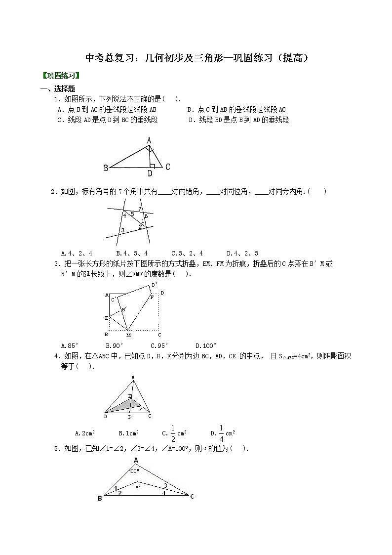 （人教版）数学中考总复习24中考总复习：几何初步及三角形（提高）珍藏版 知识点练习01