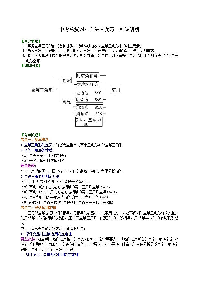 （人教版）数学中考总复习26总复习：全等三角形珍藏版 知识点练习01