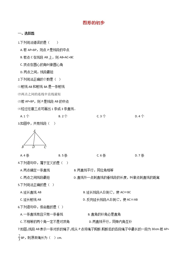 2021年中考数学必考知识点《图形的初步》专项训练（含解析）01