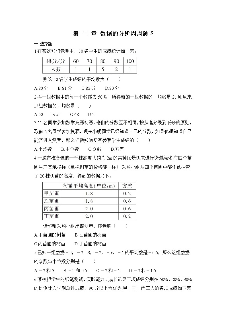 【精品试题】人教版 八年级下册数学 第二十章 数据的分析周周测5（全章）（含答案）01