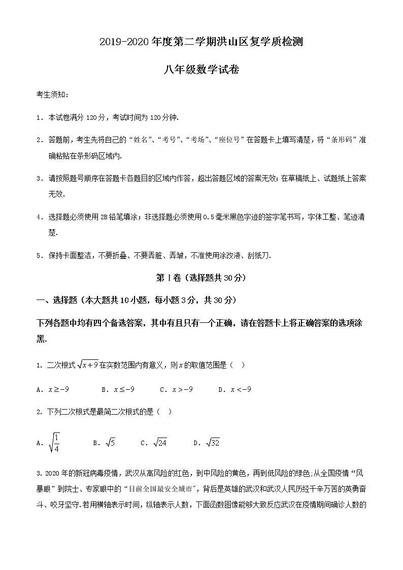 2020年湖北省武汉市洪山区八年级下学期复学质量检测数学试卷  （无答案）01