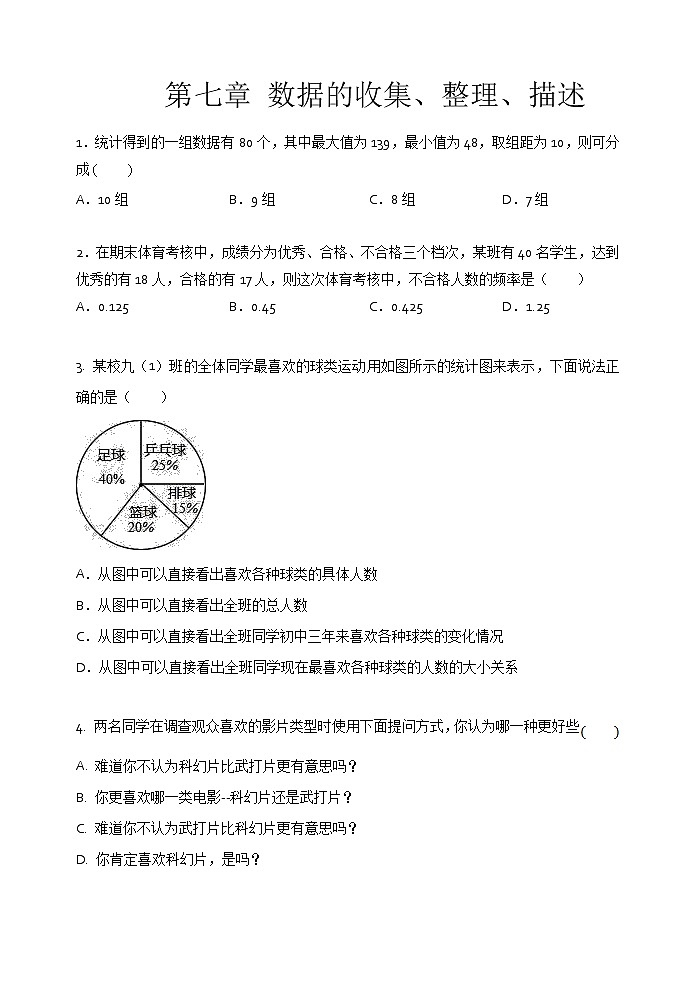 2021年苏科版八年级数学下册单元测试3：第七章 数据的收集、整理、描述01