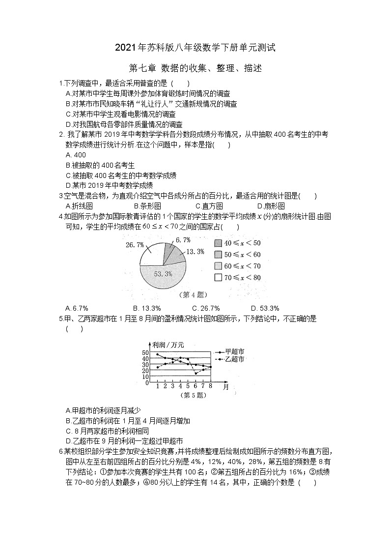 2021年苏科版八年级数学下册单元测试4第七章 数据的收集、整理、描述01