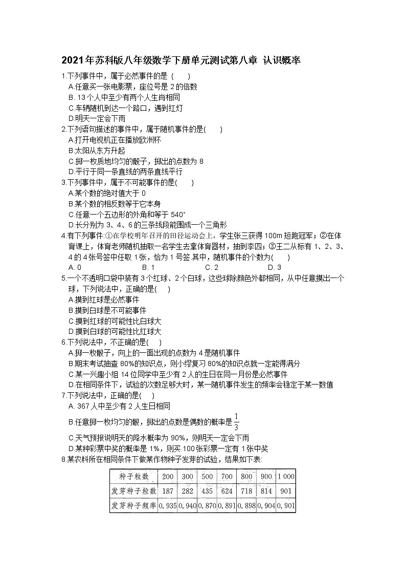 2021年苏科版八年级数学下册单元测试4第八章 认识概率01