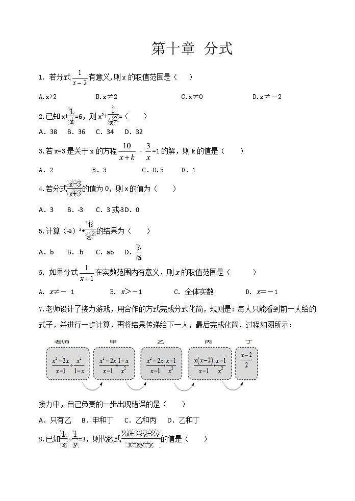 2021年苏科版八年级数学下册单元测试3：第十章 分式01