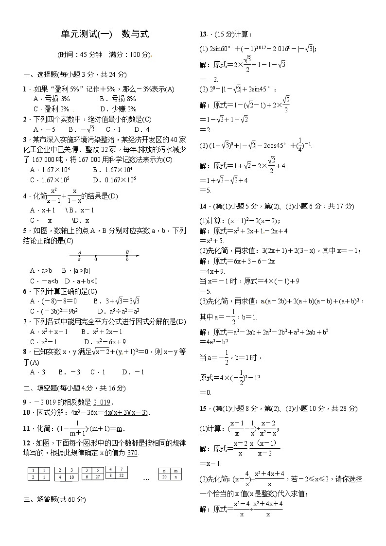 中考数学一轮测试（1）数与式（Word版，含答案）01