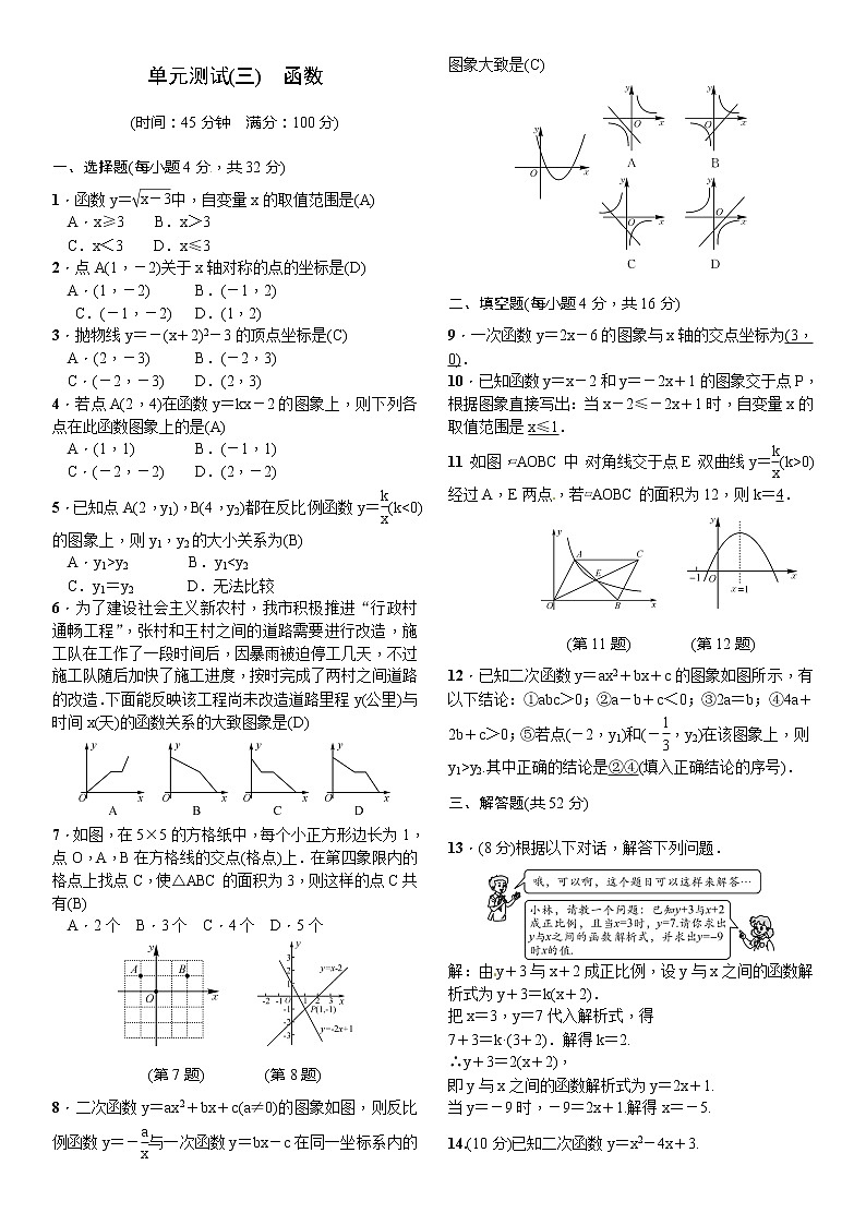 中考数学一轮测试（3）函数（Word版，含答案）01