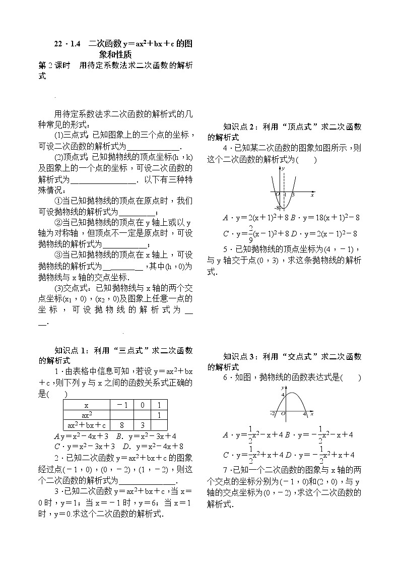 22．1.4　二次函数y＝ax2＋bx＋c的图象和性质第2课时　用待定系数法求二次函数的解析式 试卷01
